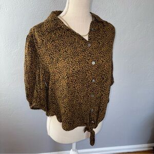 Free People Leopard Print Button-Up Women's Top Front Tie Detailing Collared